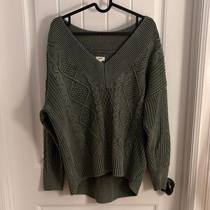 Aerie Deep Green V-Neck Cable Knit Sweater